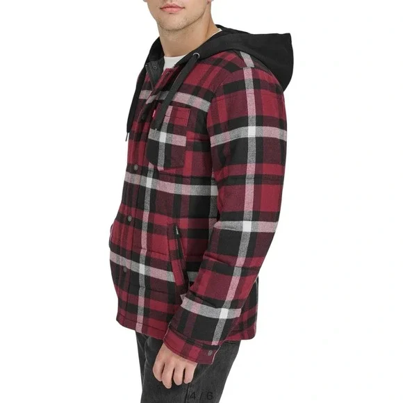 Levi's‎ Quilted Plaid Puffer Flannel Hooded Shacket Size XL Magenta Co